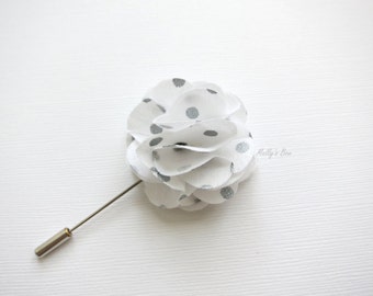 Lapel Flower Pin - Wedding Boutonniere - Flower Brooch - Metallic Dot White