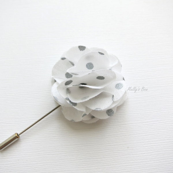 Lapel Flower Pin - Wedding Boutonniere - broche de flores - Metalizado Dot Blanco