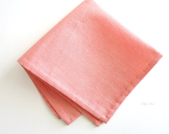 Coral Organic Chambray Hand Rolled Hem Pocket Square - Men's Handkerchief