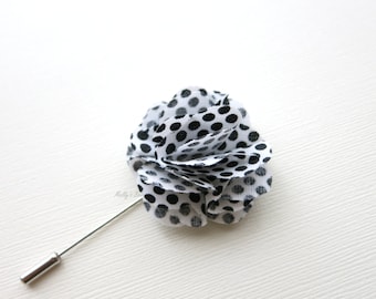 Black Polka Dots Flower Lapel Pin - Wedding Boutonniere - Tuxedo Corsage