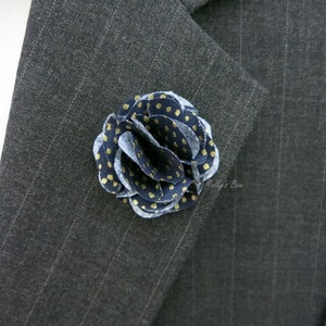Men's Boutonniere - Lapel Flower Pin - Navy Gold Metallic Pin Dot