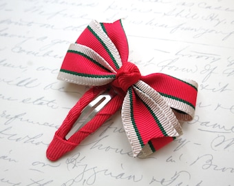 Milano Red/Tan Stripes Hair Bow - Fully Lined Clip - Snap Clip - Clip for Fine Hair - Wedding Hair Accessories