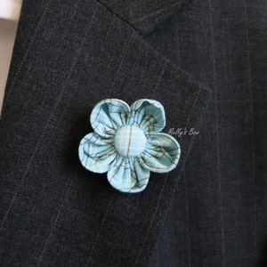 Buttercup Lapel Flower Pin - Wedding Boutonniere - Kanzashi Flower Brooch - Teal Grid