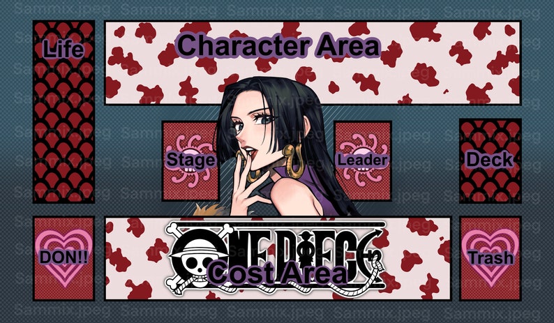 Puede incluir: Un tablero de juego con un &aacute;rea de personaje que presenta a una mujer con cabello largo y negro. El tablero tiene un patr&oacute;n de estampado de vaca rojo y blanco. El texto "Character Area" est&aacute; en la parte superior del tablero. El texto "Cost Area" est&aacute; en la parte inferior del tablero. El texto "One Piece" est&aacute; en el centro del tablero. El tablero tiene secciones para "Life", "Stage", "Leader", "Deck", "Don!!", y "Trash".