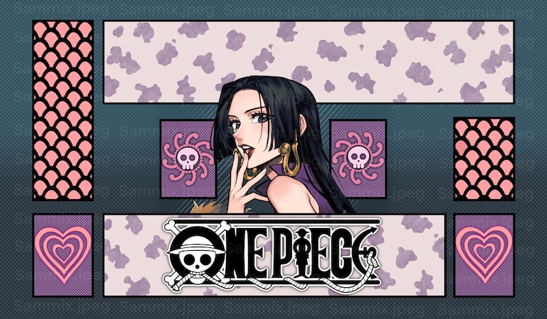 Puede incluir: Una ilustraci&oacute;n digital de un personaje femenino de anime con cabello negro largo, vistiendo un vestido morado y grandes aretes de oro. El personaje mira hacia la derecha y tiene el dedo en los labios. El fondo es gris oscuro con un patr&oacute;n de corazones rosas y calaveras. El texto "ONE PIECE" est&aacute; en el centro de la imagen en blanco y negro.