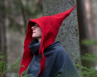 Red Witch Wizard Hat | Gnome Hood | Felted Pointy Hood | MADE TO ORDER