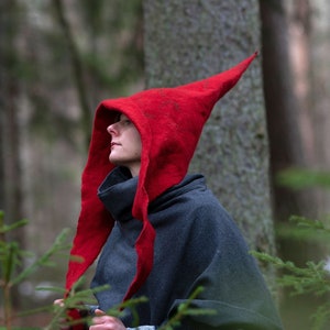 Red Witch Wizard Hat | Gnome Hood | Felted Pointy Hood | MADE TO ORDER
