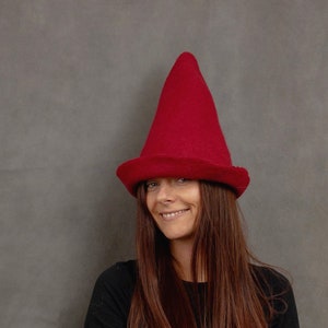 Puede incluir: Una mujer con un sombrero rojo de fieltro puntiagudo con un ala ancha. Está sonriendo y mirando hacia un lado.