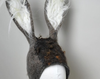 Handgevilte wollen ezelkostuumhoed | Hoofddeksel met harige oren van ezel