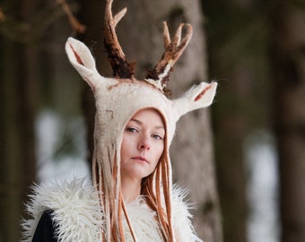 Deer Antler Hat with many Dreads | Animal Hat | Shaman Druid Hat | Krampus Hat | Deer Antler Headdress | Fantasy Cosplay Hat