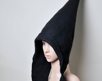 Black Witch Hat | Wizard Hat | Druid Hat | Pointy Gnome Hat | Hand Felted Merino Wool Pointy Hat | Pixie Hat