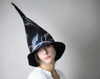 Halloween Witch Wizard Hat| Cosmic Witch Hat | Black Pointy Witch Costume Hat | Hand Felted