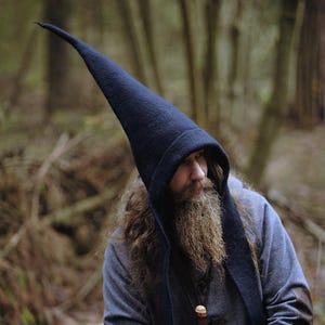 Black Witch Hat | Wizard Druid Pointy Gnome Hat | Hand Felted Merino Wool Pixie Hood