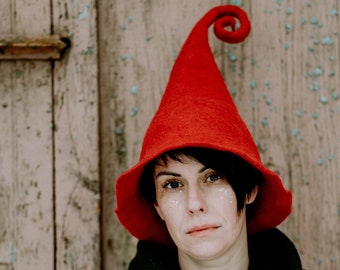 Red Pointy Hat | Curly Elf Hat | Gnome Hat | Fairy Witch Hat | Whimsical Fantasy Hat