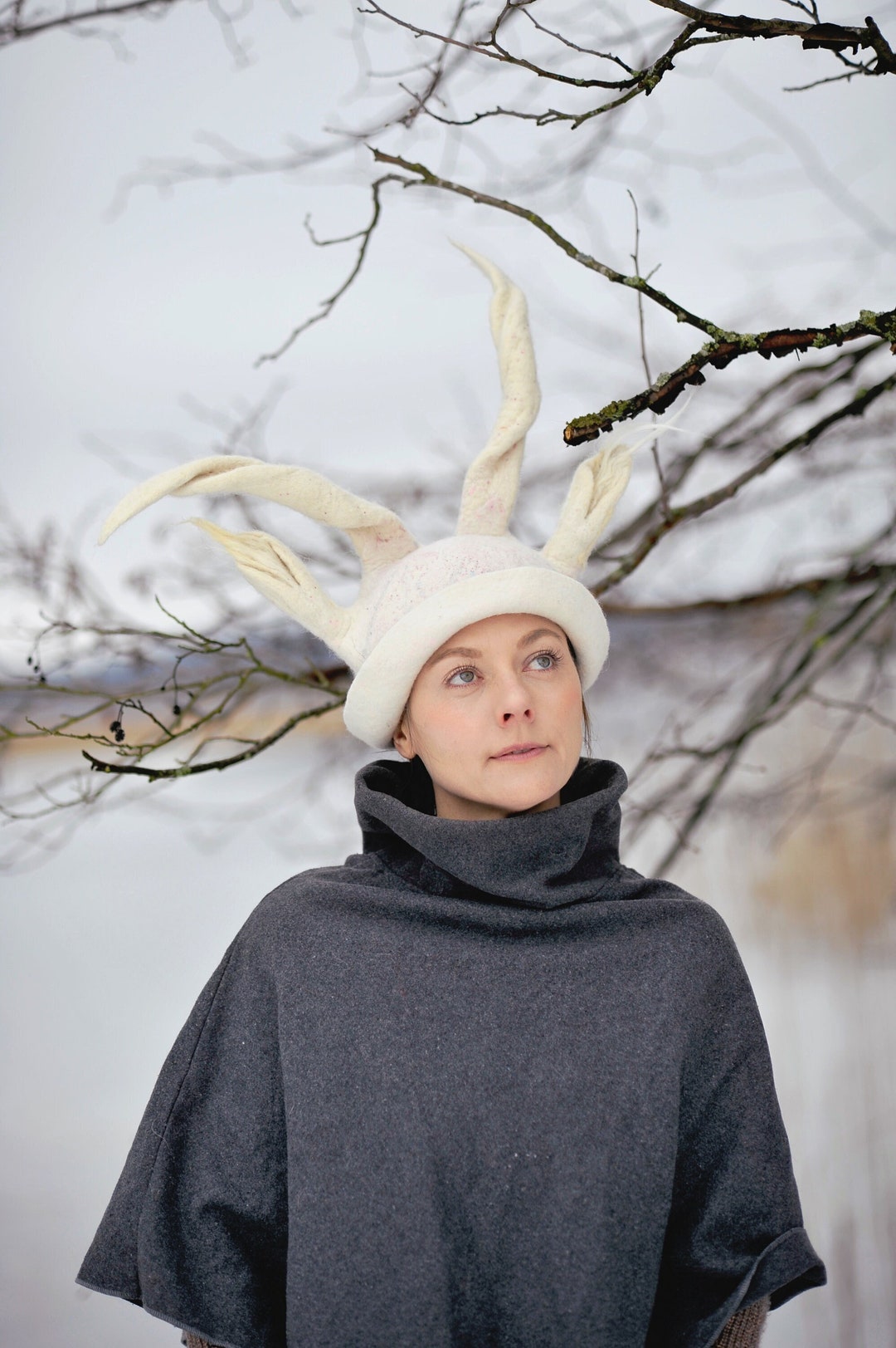 Hand-felted Merino Wool Hat With Ears, Sauna Hat, Animal Hat, White ...
