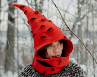 Red Witch Hat | Felted Wool Wizard Costume Hat | Pointy Hat with Thousand Eyes | Gnome Hat for Adults | MADE TO ORDER