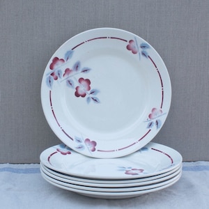 set of 6 French Art Deco ceramic plates, Ceranord St Amand France, entree, dessert, side plates, blossom and leaves, 1920&#39;s vintage table