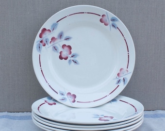 set of 6 French Art Deco ceramic plates, Ceranord St Amand France, entree, dessert, side plates, blossom and leaves, 1920's vintage table