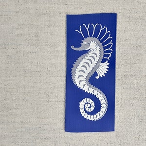 vintage French woven satin patch seahorse craft/mending/quilting patch, vintage sewing & craft gift idea, royal blue Seahorse made in France
