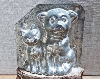 antique G Mora Paris cat & dog chocolate mold, early 20th century collectible mould, French chocolatier mold made in France 2 pce metal 10cm