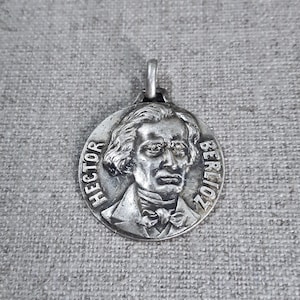 vintage French Hector Berlioz medal pendant, 1950&#39;s silver metal, classic music composer charm jewellery made in France, music lovers gift