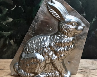 vintage French large 25cm rabbit chocolate mold, mid 20thC French Easter bunny chocolate mold, stainless steel 2 pieces, symbols of Spring