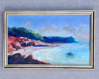 vintage French oil painting Provence France Plage du Luxembourg Mediterranean Sea original signed oil on board seascape Christmas gift