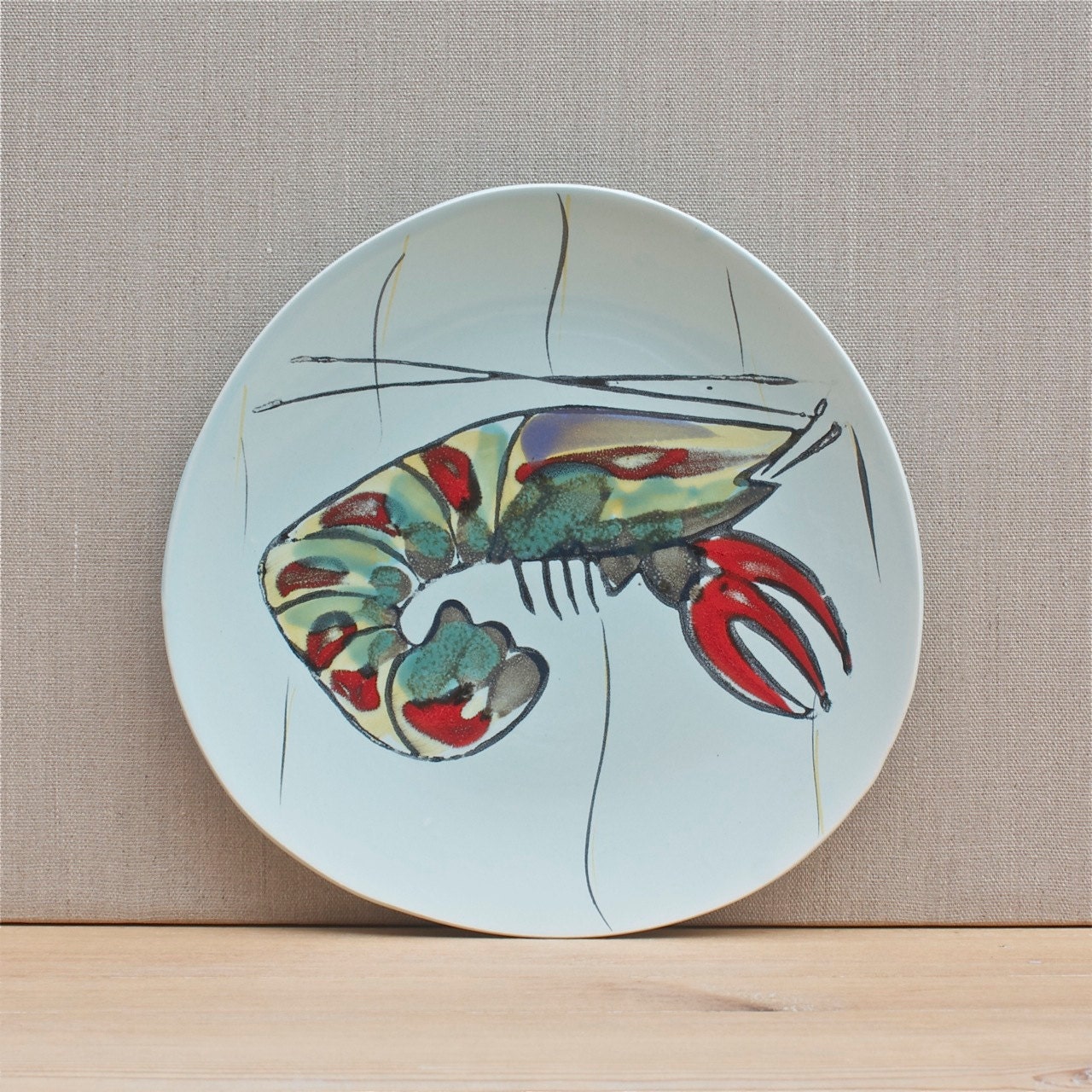 1960 Français Plaque Vintage, de Céramique Peinte à La Main Pornic, Homard, Écrevisses, Thème Marin 