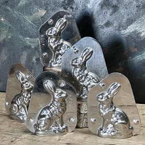 vintage French sml 9.5cm rabbit chocolate mold mid 20thC French Easter bunny stainless steel mold 2 pcs, hare symbol of Spring & fertility