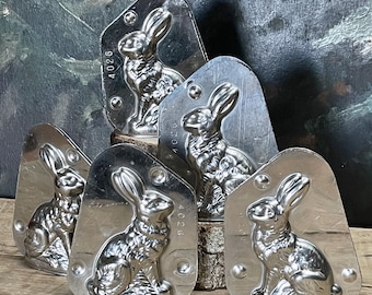 vintage French sml 9.5cm rabbit chocolate mold mid 20thC French Easter bunny stainless steel mold 2 pcs, hare symbol of Spring & fertility
