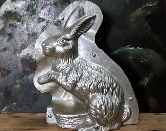 vintage French rabbit chocolate mold French chocolatier Easter rabbit collectible moule chocolat lapin lièvre 2 pce metal 23cm French rabbit