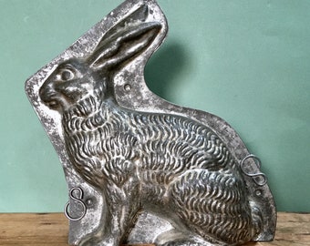 antique Letang Fils Paris lge 24cm rabbit chocolate mold, early 20thC collectible French Easter mold metal 2 pieces, symbols of Spring