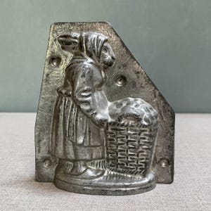 rare vintage Walter Berlin rabbit chocolate mold, 1930 collectible Easter rabbit in skirt clogs & scarf w basket of eggs, 2 pce metal 11.5cm