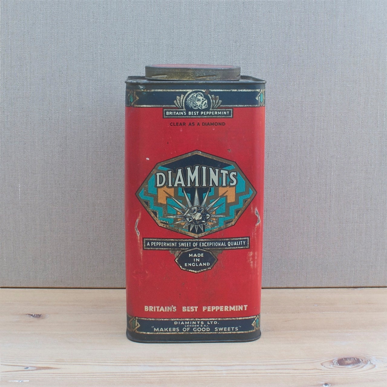 Boîte de Publicité Art Déco, Diamints Années 1930 Menthe Poivrée Anglaise, Vieux Magasin Comptoir Bo