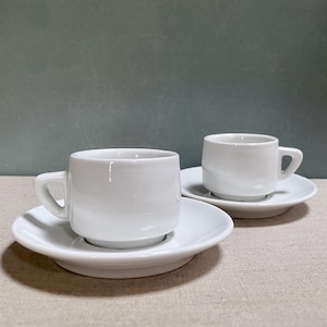 set of 2 vintage Pillivuyt France porcelain coffee cups saucers, classic 1980s French bistro white ceramic espresso cups, great gift idea
