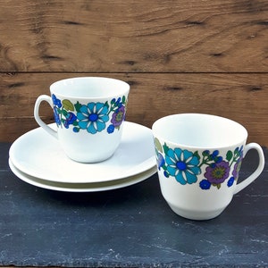 set of 2 vintage PMR Bavaria porcelain coffee cups & saucers, 1960s blue flowers cups, vintage home great gift idea, German ceramics