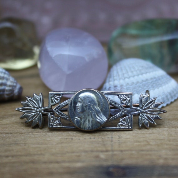 vintage French Art Deco brooch, silver metal broo… - image 2