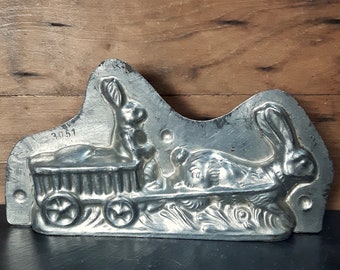 rare antique Easter rabbits chocolate mold, Laurosch Germany early 20th century collectible mold, Easter bunny & cart, rabbit and wagon