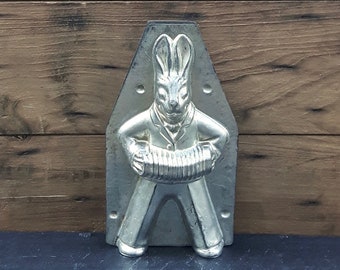 vintage French rabbit chocolate mold, mid 20th century collectible rabbit mould, rabbit in suit with accordion, Easter bunny, Easter decor