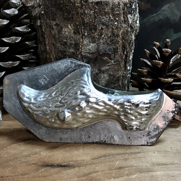 vintage Matfer France Christmas sabot chocolate mold, 1950s French vintage Xmas clog decoration, chocolate making 2 piece metal mold 15cm