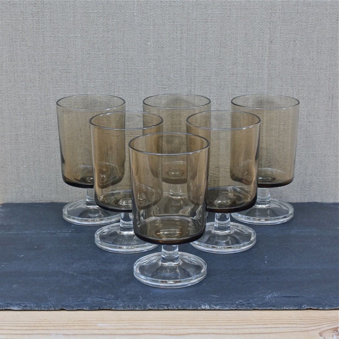 Set of 6 Vintage French Glasses, Luminarc France Smoky Stemware