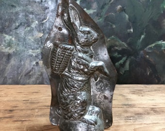 rare antique lge Easter rabbit chocolate mold, Anton Reiche(?) early 20th century collectible mold, Easter bunny basket 2 pce copper 22cm