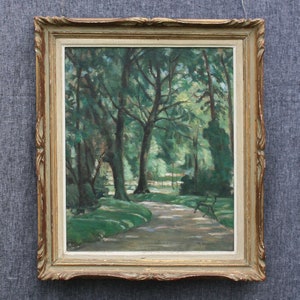 antique French oil painting, large original oil painting, Marie Antoinette Queroy, Paris park, Impressionism, early 20th century painting