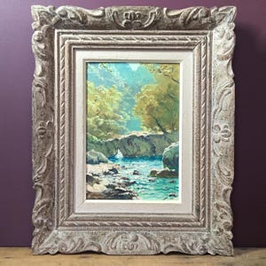 antique French oil painting, 1920s original impressionist landscape oil painting on board in wooden Montparnasse frame 44 x 36cm, riverscape