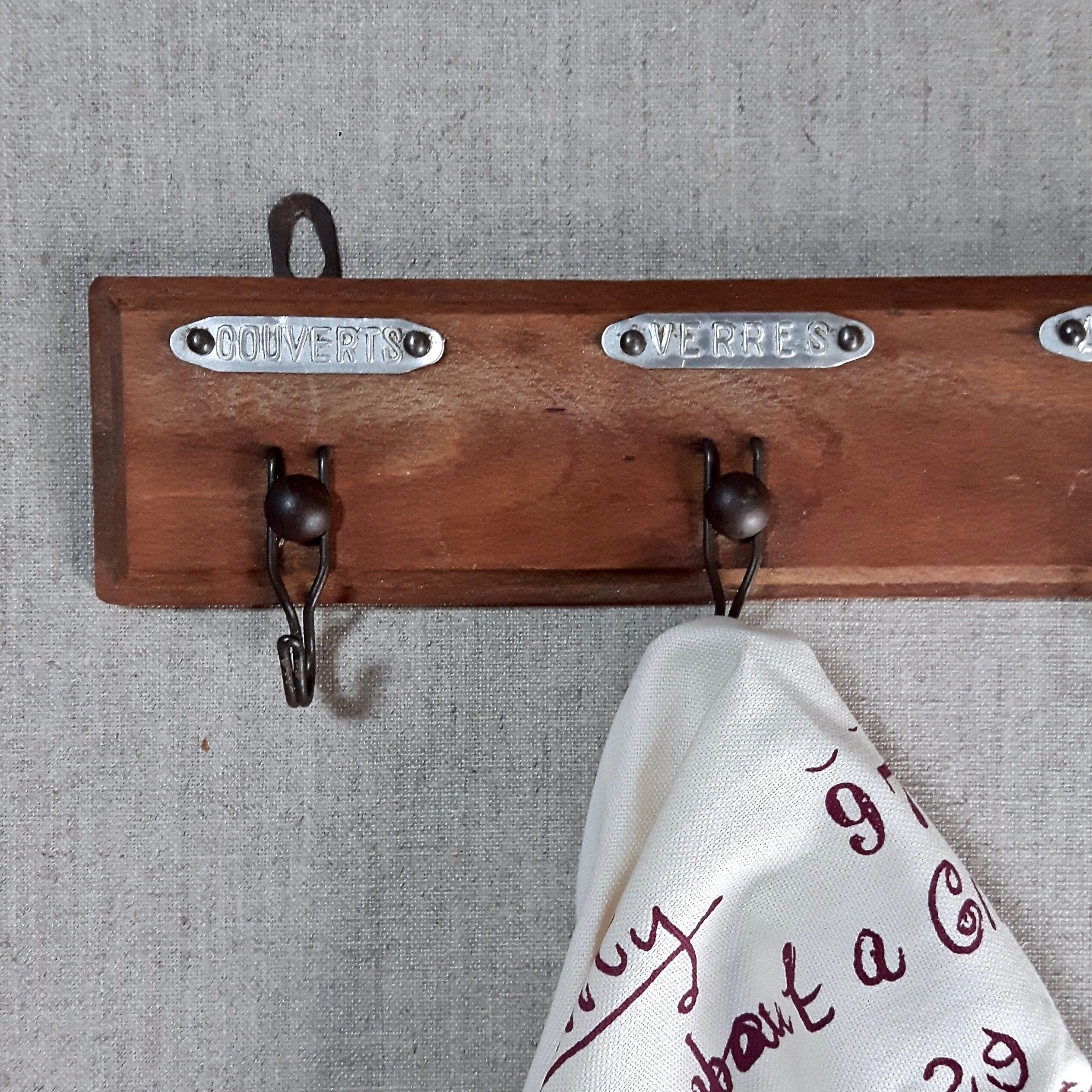 Vintage French Bistro Tea Towel Hooks, Porte Torchon, Wood & Brass