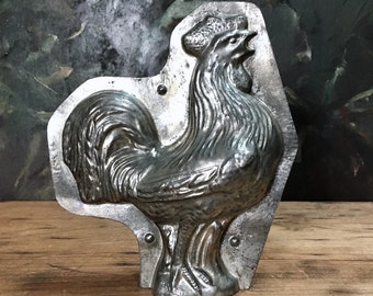 rare antique French rooster chocolate mold early 20thC collectible French crowing rooster chocolatier mold 2 pce metal 19cm symbol of France