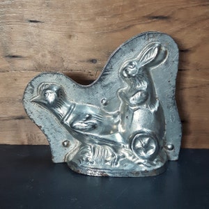 rare antique Easter chocolate mould bunny in egg cart pulled by chicken made by Laurosch Germany early 20th century collectible mold