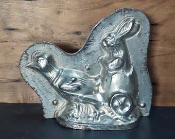 rare antique Easter rabbit chocolate mold, Laurosch Germany early 20th century collectible mold, Easter bunny & egg cart pulled by chick