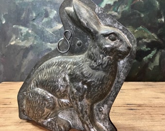 antique Letang Fils Paris rabbit chocolate mold early 20thC collectible French Easter mold metal 2 pieces 19cm, symbol of Spring & fertility