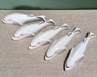 rare set vintage Limoge France porcelain whale knife/cutlery rest Art Deco dinner tableware French ceramic whale/dolphin/fish porte couteaux